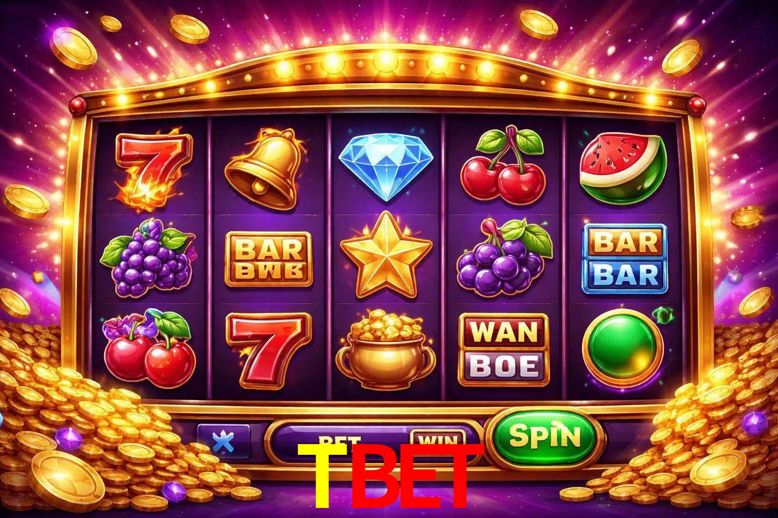 Una interfaz colorida de tragamonedas en línea con símbolos brillantes, monedas y un efecto de victoria celebratoria en TBET.